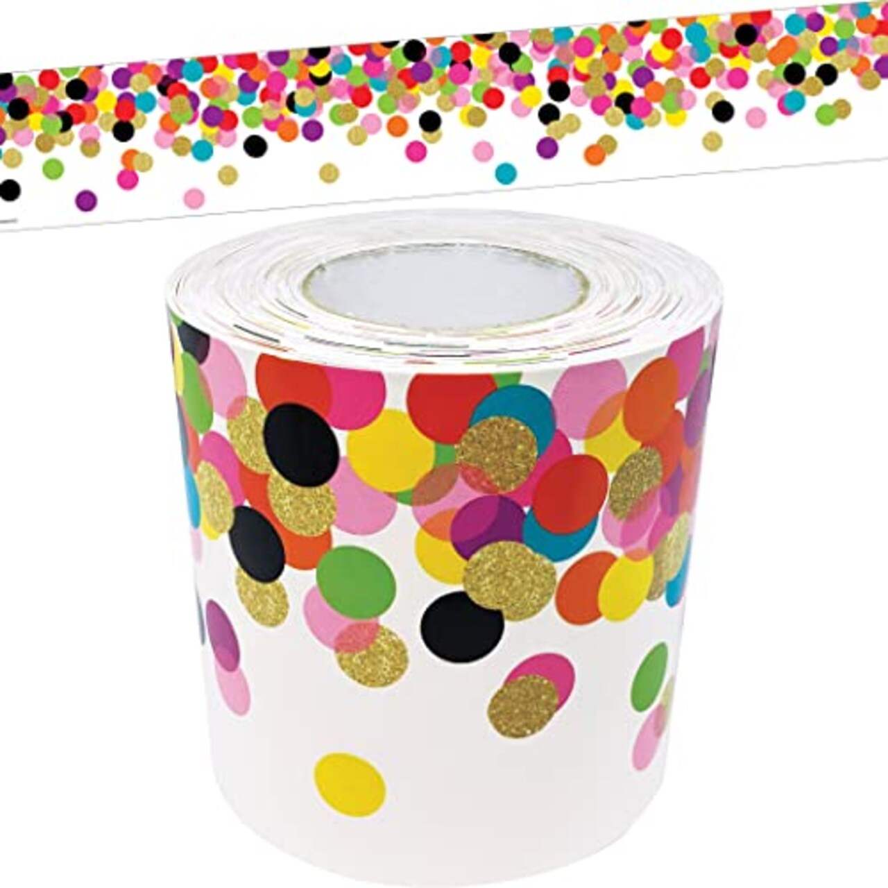 Confetti Straight Rolled Border Trim - 50ft for Decorating Bulletin Boards, Walls, Desks, Windows, Doors, Lockers, Schools, Classrooms, Homeschool, and Offices
